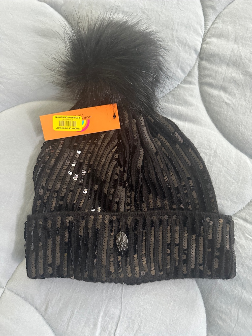 Kurt Geiger Black Sequin Pom Pom Beanie - Picture 2 of 3
